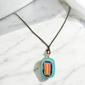 Vintage Multicolor Resin Pendant Necklace Abstract Art Statement Cord Necklace